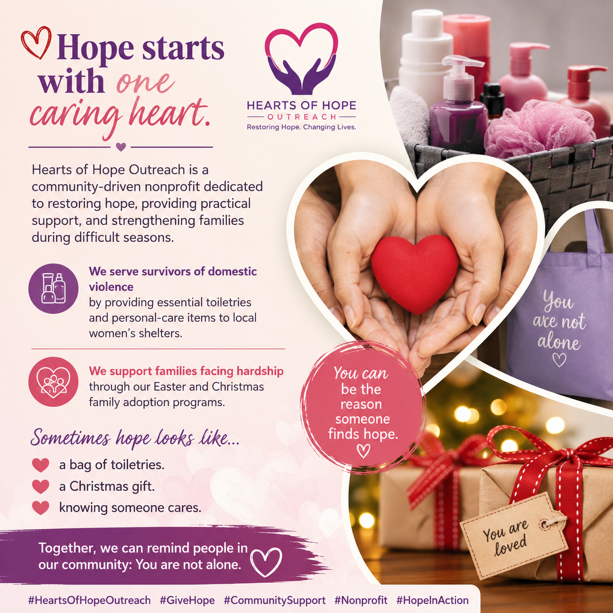 Hope starts with one caring heart — Hearts of Hope Outreach mission graphic