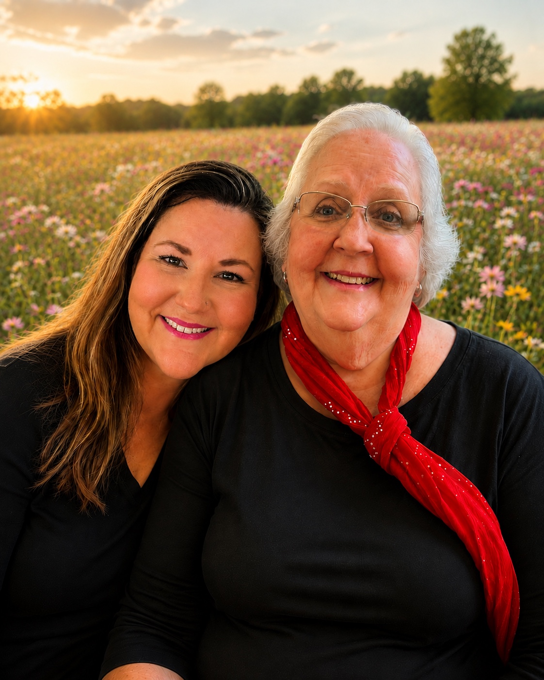 The founders of Hearts of Hope Outreach smiling together in a wildflower field at sunset